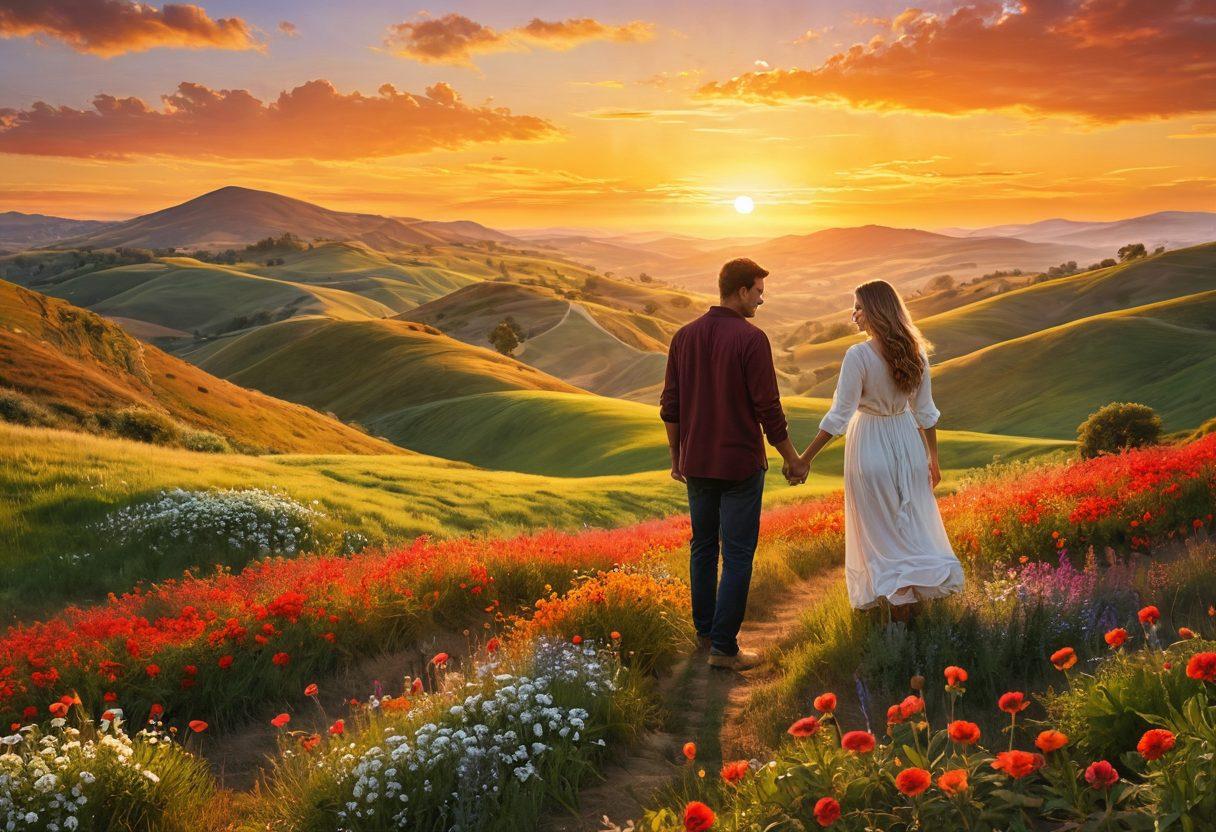A beautiful landscape that blends rolling hills and vibrant flowers, featuring two diverse individuals sharing an affectionate moment, surrounded by symbols of devotion such as hearts and intertwined hands. The sun sets in warm colors, illuminating the scene with a golden glow, emphasizing connection and warmth. super-realistic. vibrant colors. soft focus.