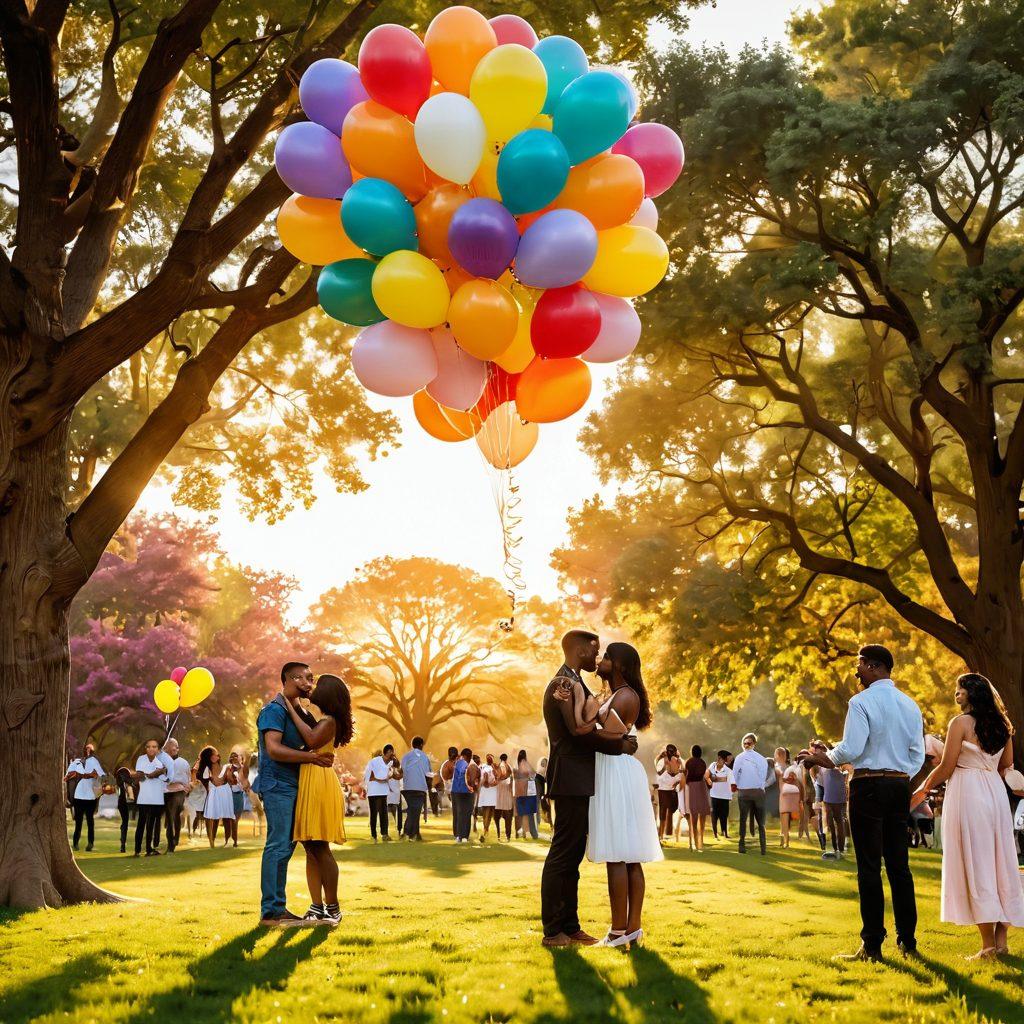 A vibrant community gathering in a park, featuring couples of diverse backgrounds sharing heartfelt moments, with balloons and love notes scattered around. Set against a backdrop of blooming flowers and trees, a sunset casts warm golden hues. Illustrate the joyful expressions of connection and romance, creating an inviting, celebratory atmosphere. super-realistic. vibrant colors. peaceful setting.